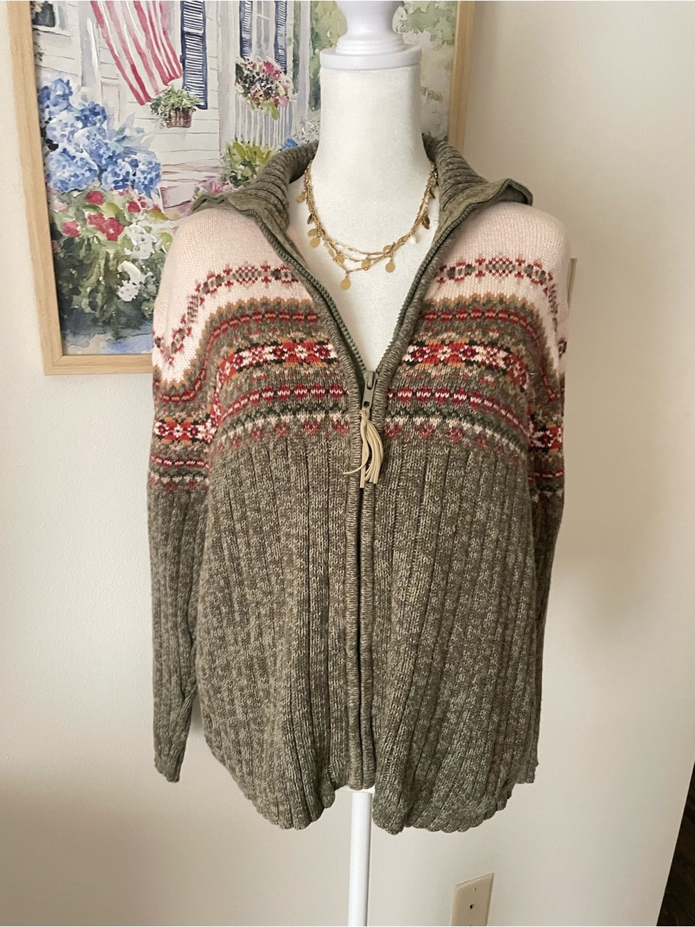 Tiara International 90s Y2K Vintage Fair Isle Full Zip Foldover Collar Sweater L